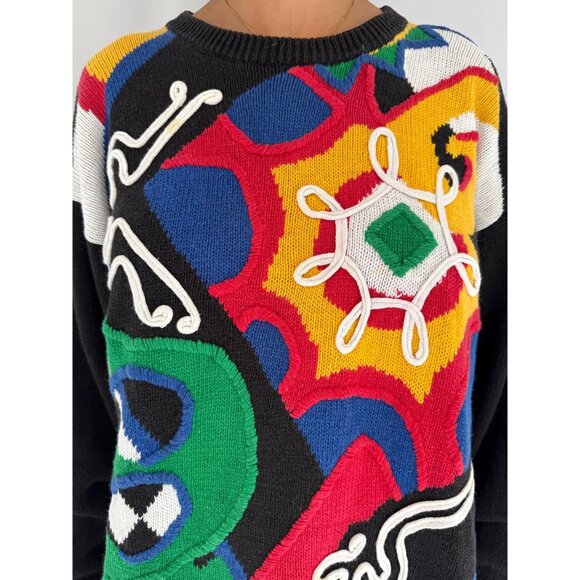 80s vintage black rainbow funky crazy abstract print embroidered knit sweater - Picture 8 of 9